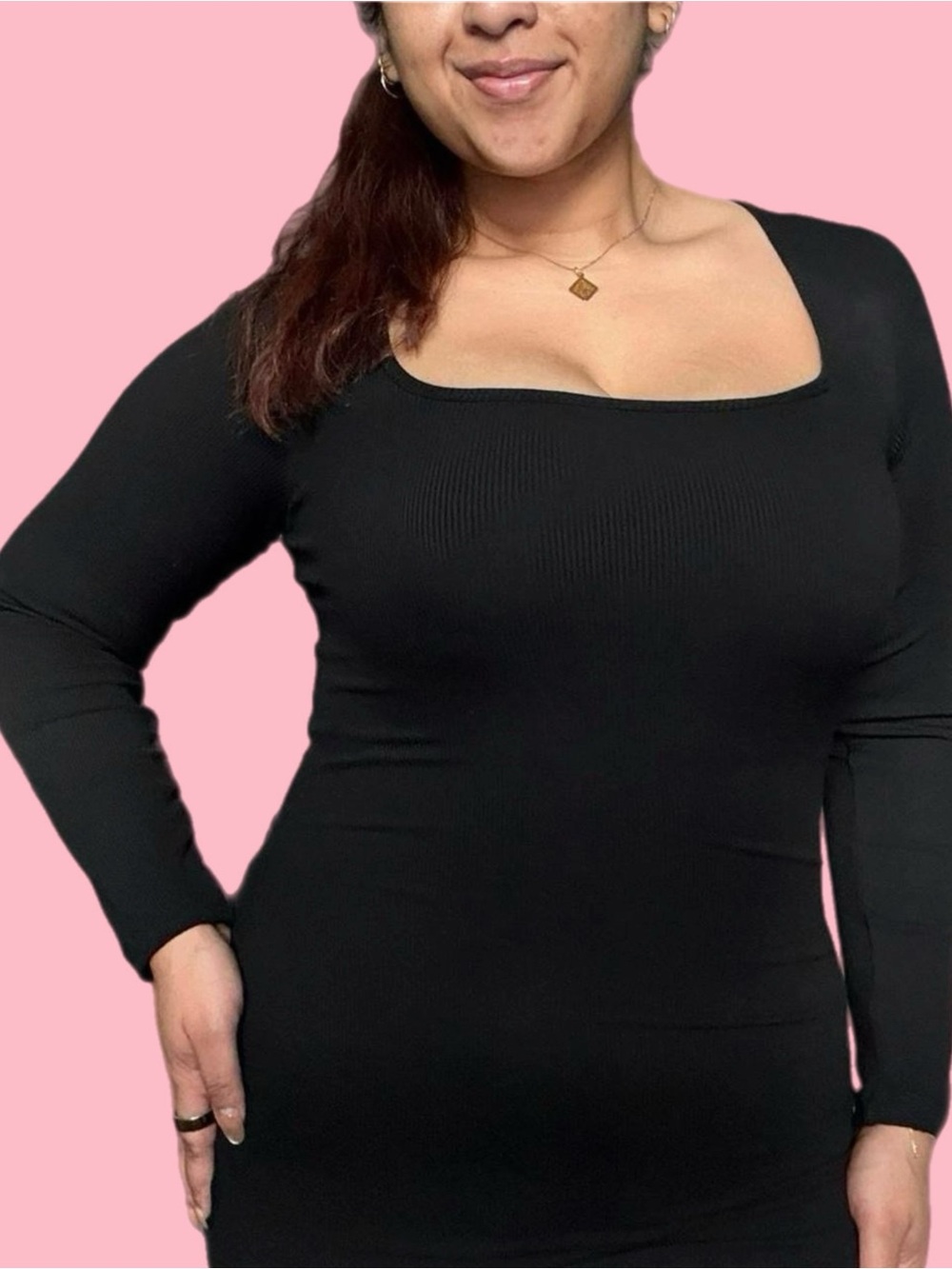 popilush shapewear long sleeve square neck modal slimming midi dress - black